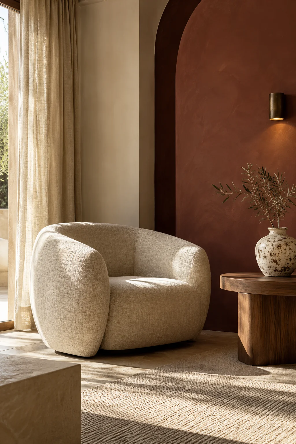 Poltrona in tessuto color avorio, ceramica e materiali naturali. Immagine editoriale di ambientazione.