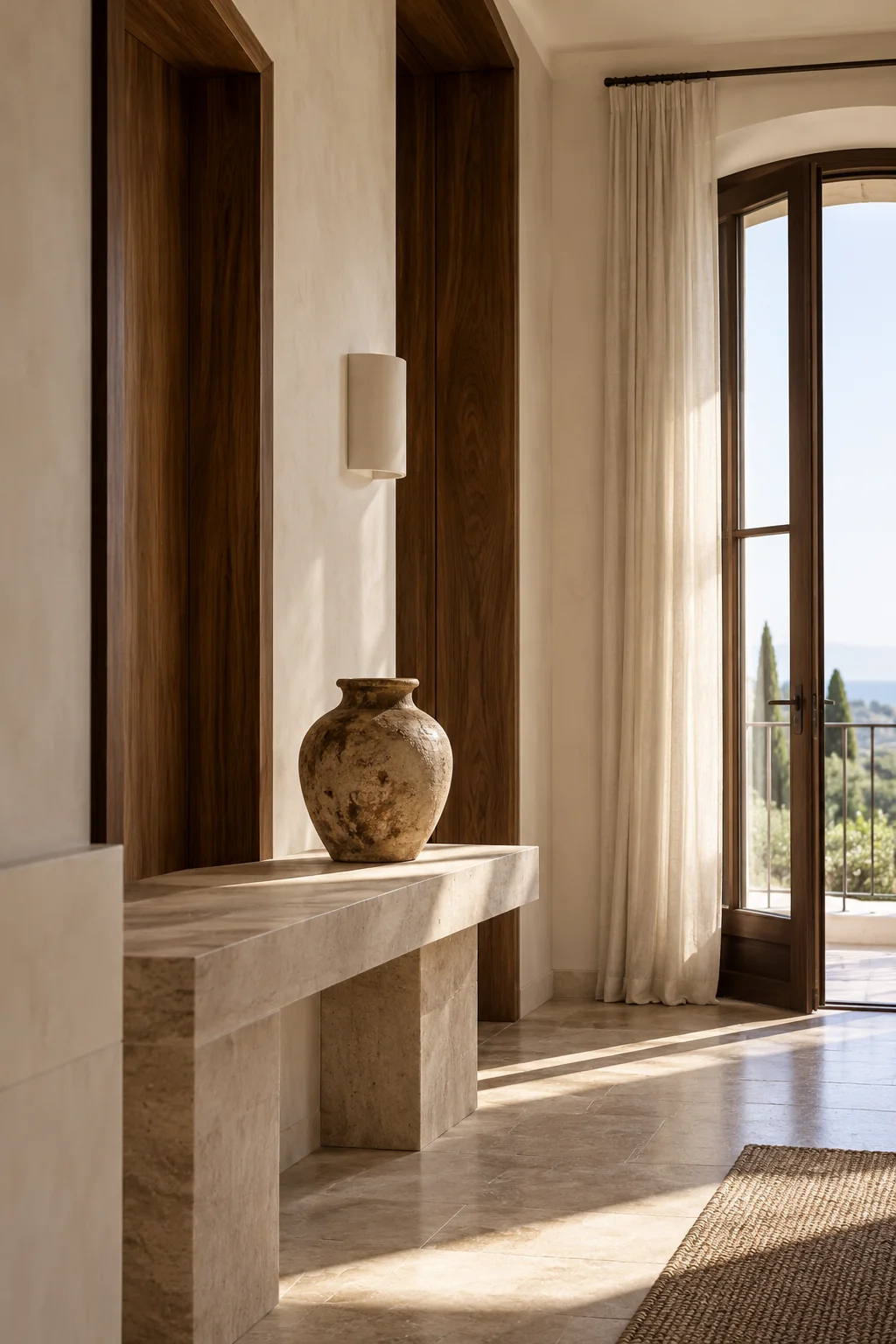 Pietra chiara, legno e luce laterale in un interno contemporaneo. Immagine editoriale di ambientazione.