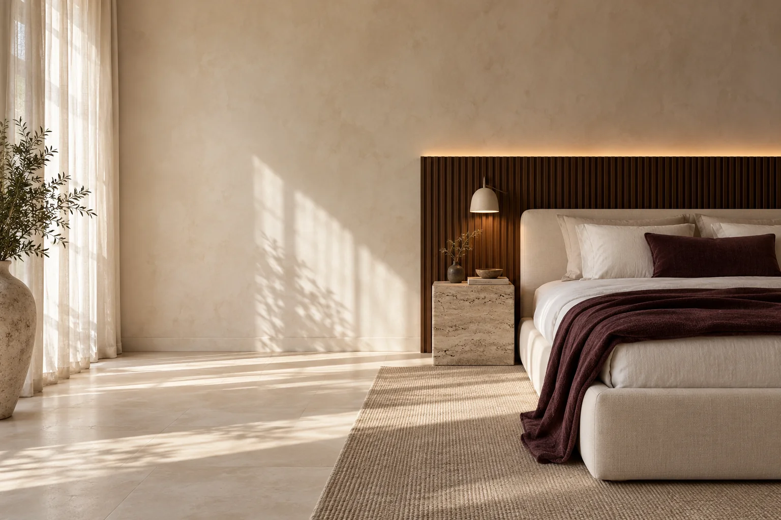 Camera contemporanea con letto in lino, noce e pietra chiara. Ambientazione editoriale originale, non un immobile del portfolio.