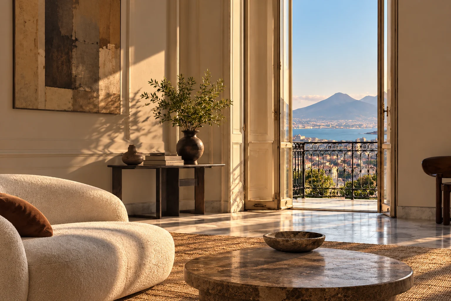 Interno caldo e luminoso con balcone e Vesuvio sullo sfondo. Ambientazione editoriale ricostruita dalla proposta di marca.
